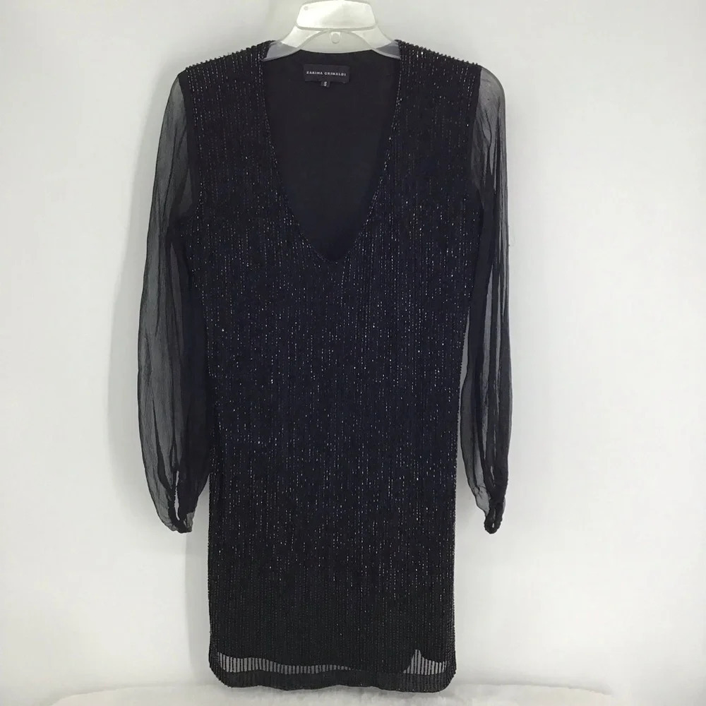 Karina Grimaldi Silk Beaded Cocktail Party Holiday Formal Dress Black LBD Size S